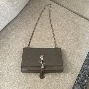 YSL Croc embossed leather Medium Kate Chain Bag
